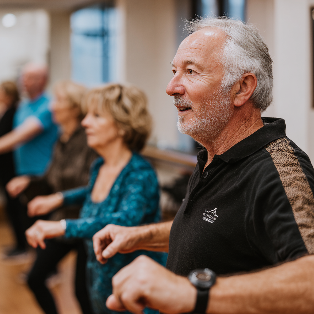 Experienced fitness instructor guiding adults through proper movement techniques